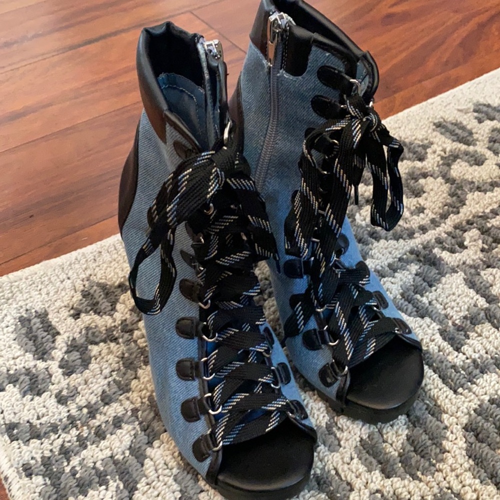 Denim laced up heels.